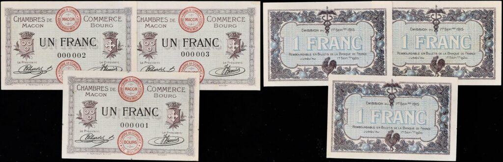 1 Franc C-d-C Mâcon/Bourg, 1ère impression 1915 numéros 000001 à 000003 - Collection de l’auteur